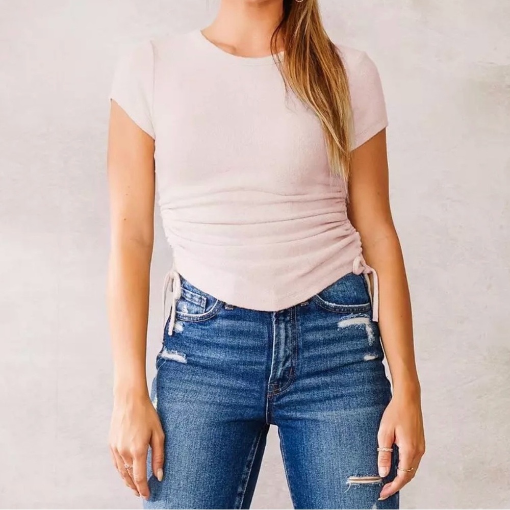 Elegant Blush White Heather Ruched Short Sleeve Top Size XS
